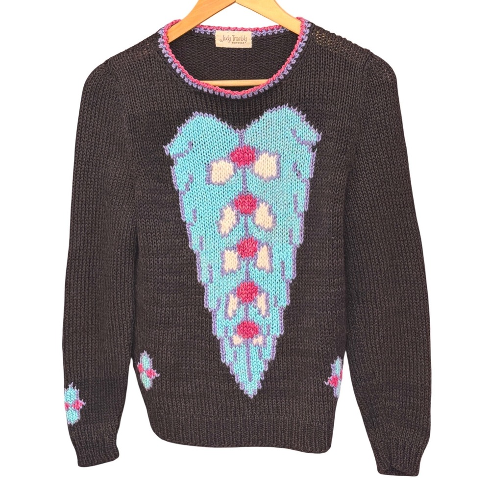 Vintage Judy Trombly Knitwear Sweater Intarsia Artisan Grandmacore Whimsical